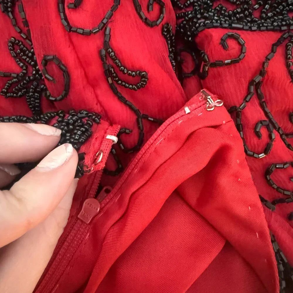 Vintage Stenay Red Silk Beaded Top | L | Holiday Party & Cocktail Blouse - Picture 9 of 13
